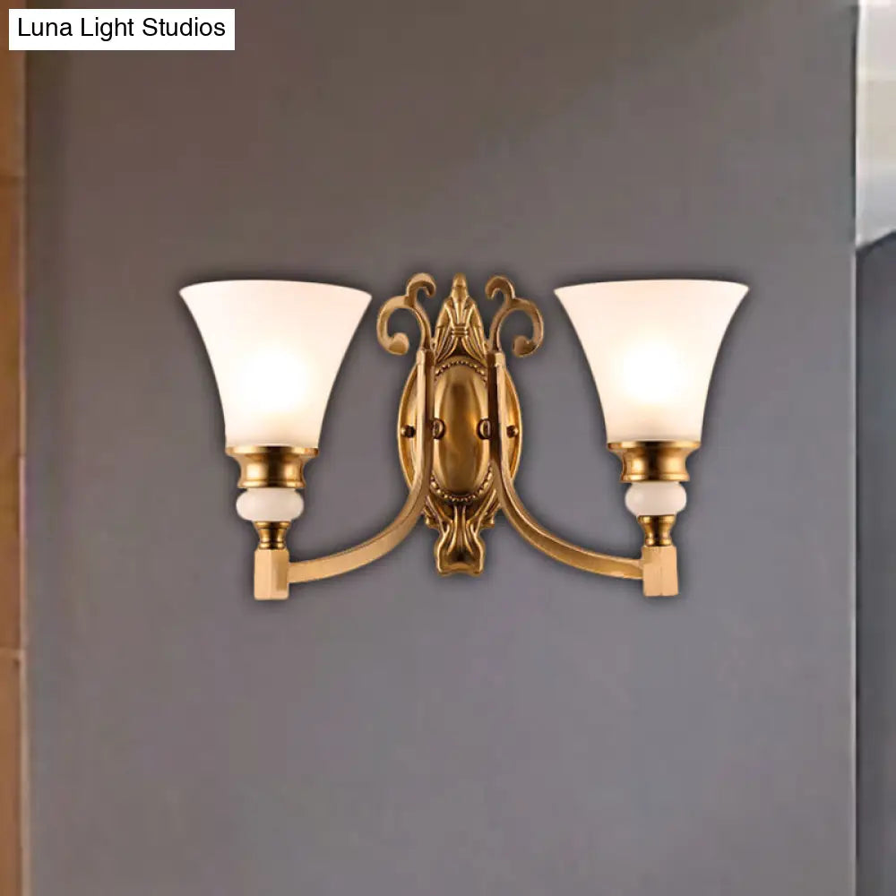 Vintage Style Frosted Glass Wall Lamp With Flared Shade And Brass Finish - 1/2-Light Bedroom