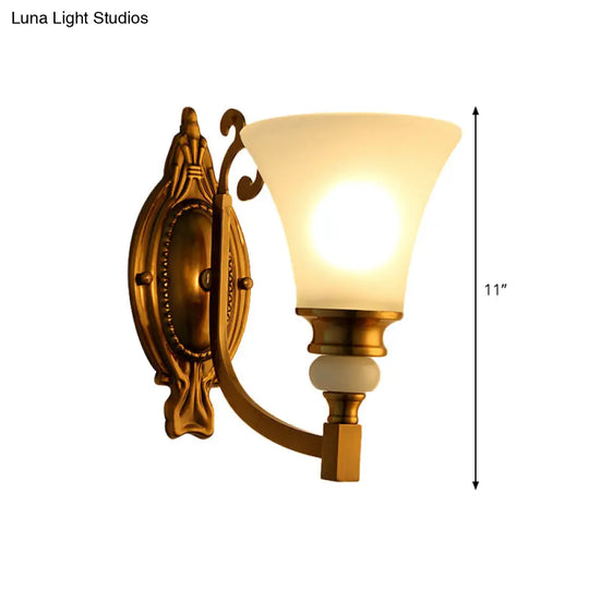 Vintage Style Frosted Glass Wall Lamp With Flared Shade And Brass Finish - 1/2-Light Bedroom