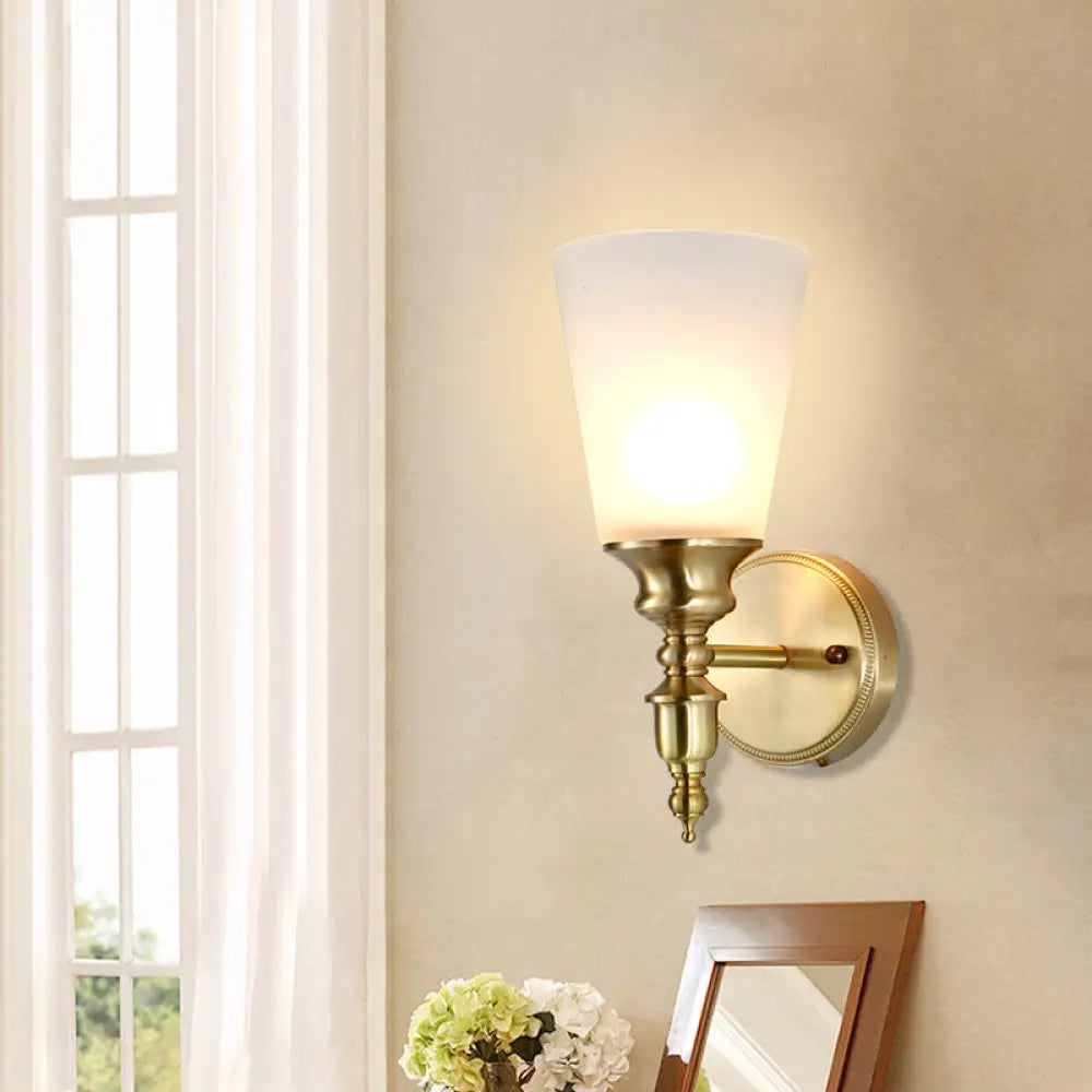 Vintage Style Frosted Glass Wall Mount Light In Brass With Conical Shape And 1/2-Head 1 /