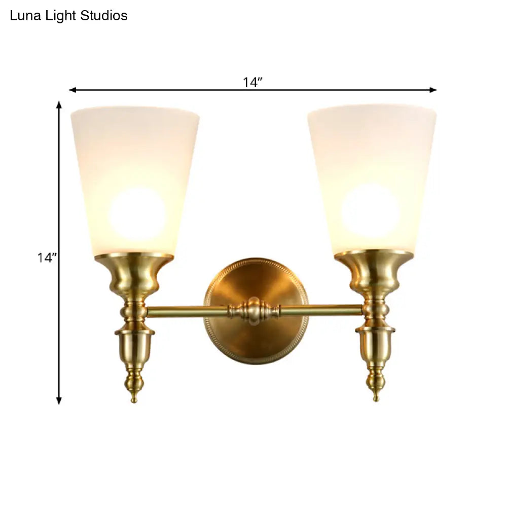 Vintage Style Frosted Glass Wall Mount Light In Brass With Conical Shape And 1/2-Head