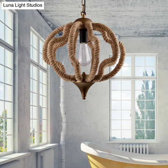 Vintage Style Pendant Light Fixture - Antique Brass Geometric Cage With Rope Detailing Ideal For