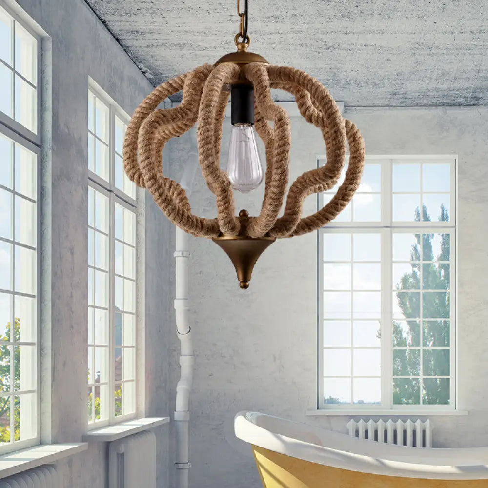 Vintage Style Geometric Cage Pendant Light With Antique Brass Finish And Rope Design For Restaurants