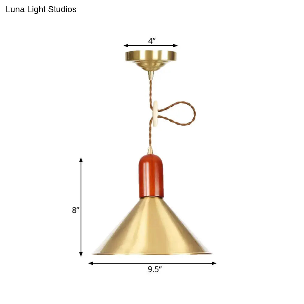 Vintage Style Gold Conical Pendant Ceiling Light With Extendable Hanging Lamp - 1-Light For Living