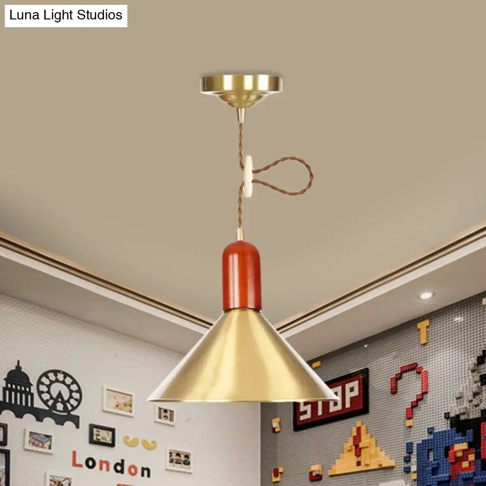 Vintage Style Gold Conical Pendant Ceiling Light With Extendable Hanging Lamp - 1-Light For Living