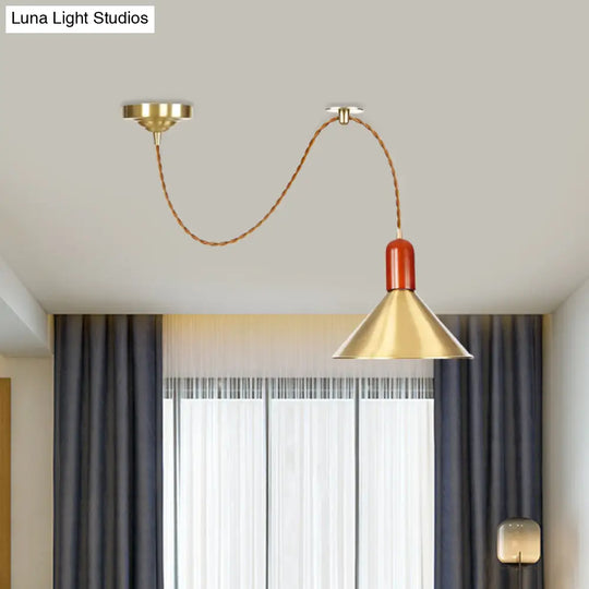 Vintage Style Gold Conical Pendant Ceiling Light With Extendable Hanging Lamp - 1-Light For Living