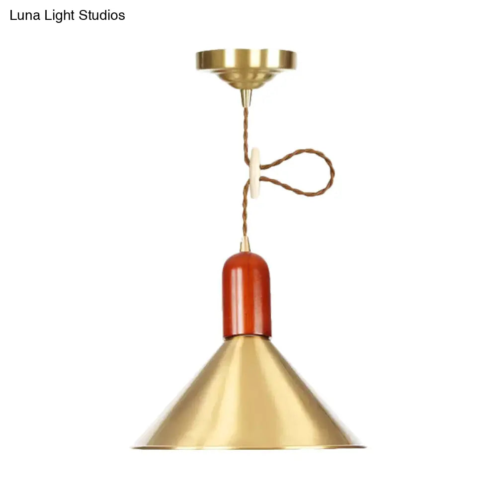 Vintage Style Gold Conical Pendant Ceiling Light With Extendable Hanging Lamp - 1-Light For Living