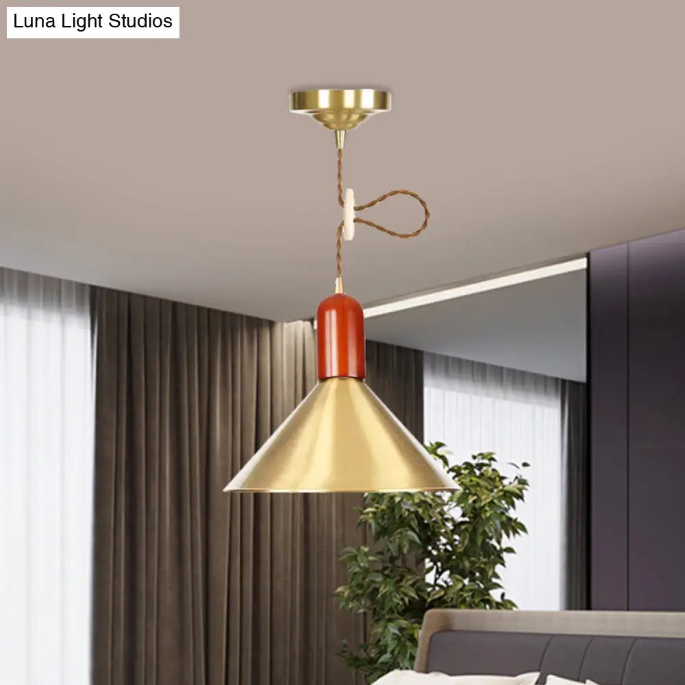 Vintage Style Gold Conical Pendant Ceiling Light With Extendable Hanging Lamp - 1-Light For Living