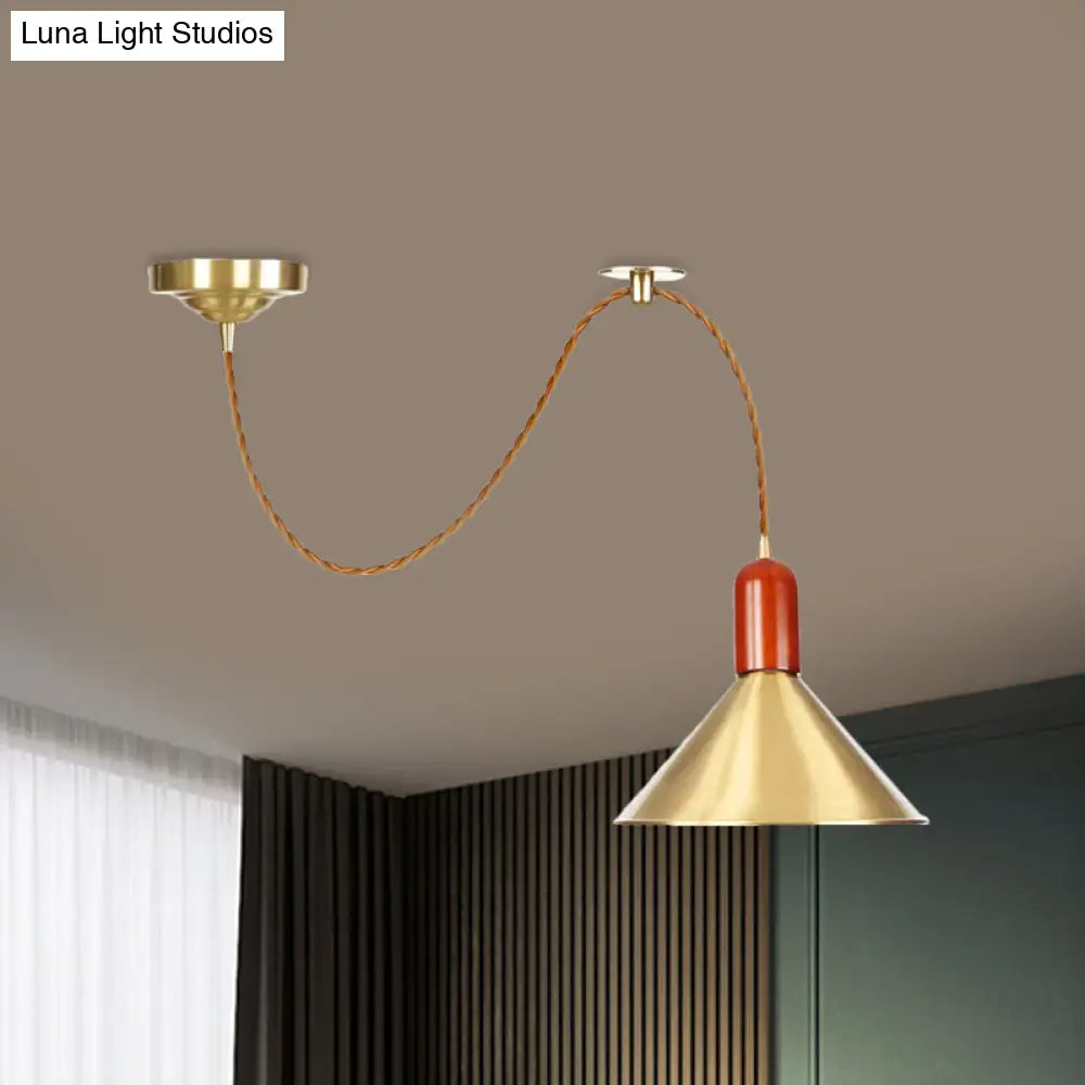 Vintage Style Gold Conical Pendant Ceiling Light With Extendable Hanging Lamp - 1-Light For Living