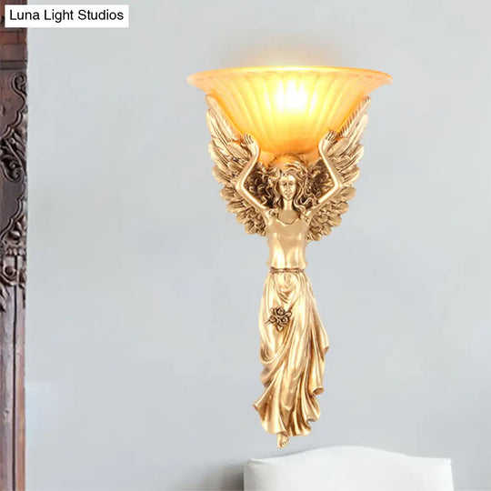 Vintage Style Gold Resin Wall Sconce With Frosted Glass Shade And Angel Design