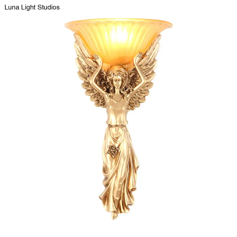 Vintage Style Gold Resin Wall Sconce With Frosted Glass Shade And Angel Design