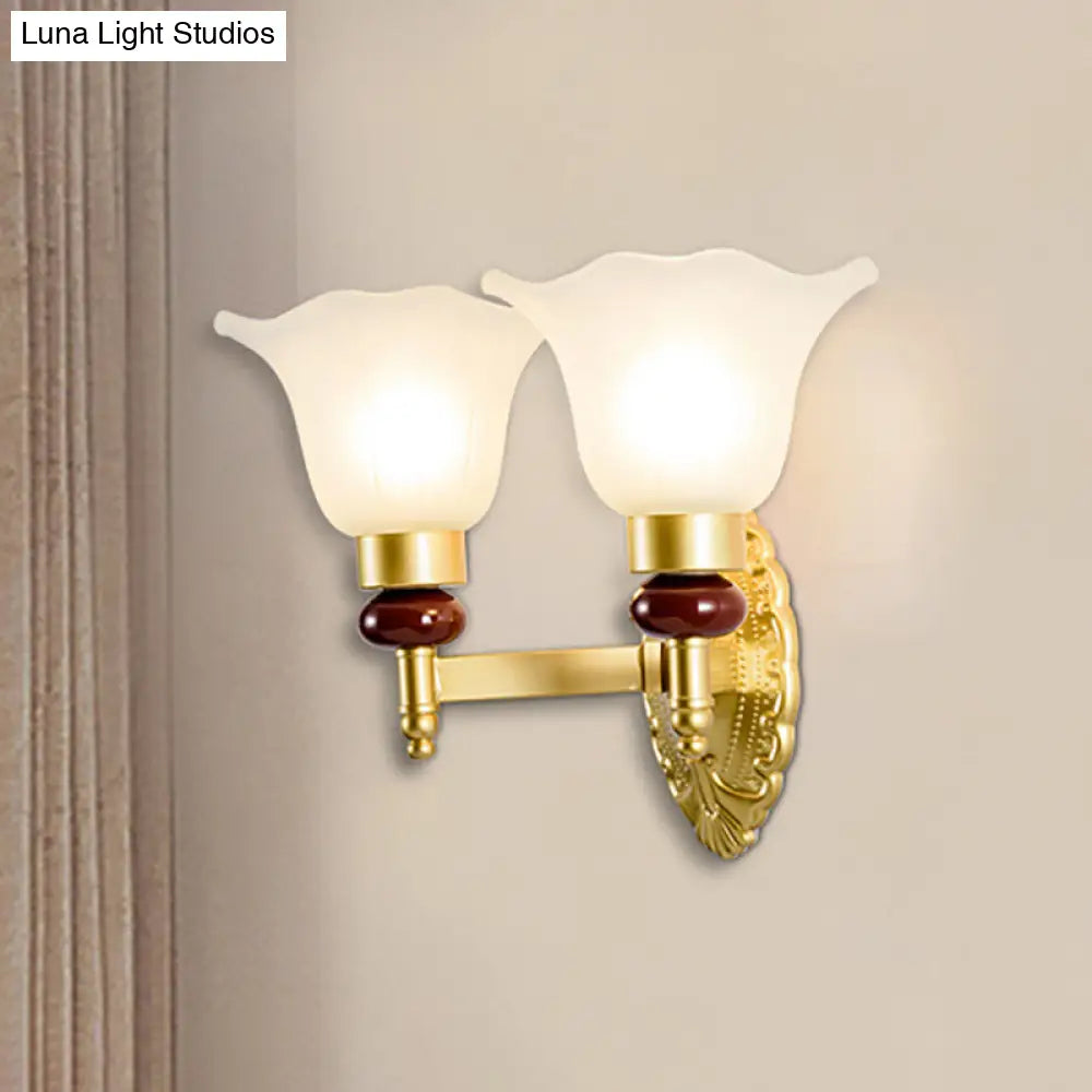 Vintage Style Gold Wall Sconce With Opal Glass Petal Shade - 1/2-Head Bedroom Fixture