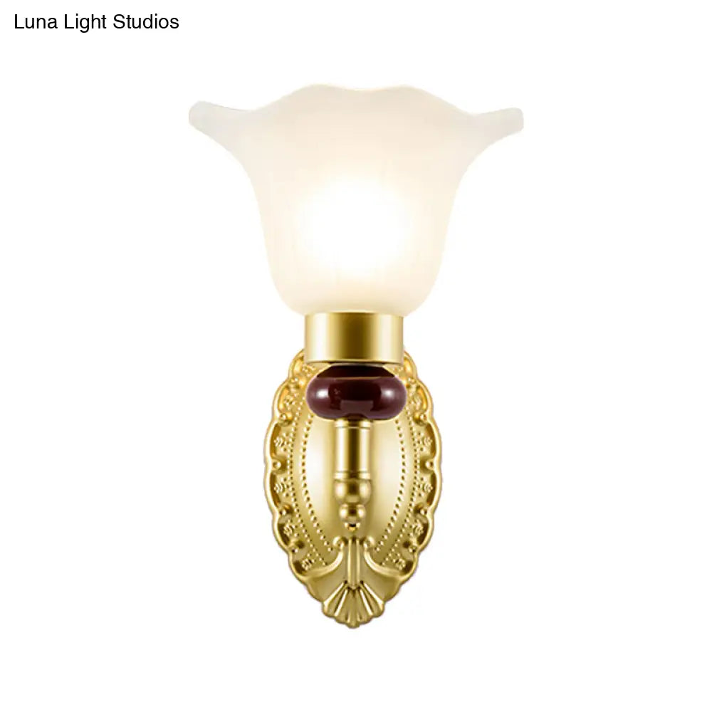 Vintage Style Gold Wall Sconce With Opal Glass Petal Shade - 1/2-Head Bedroom Fixture