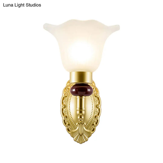 Vintage Style Gold Wall Sconce With Opal Glass Petal Shade - 1/2-Head Bedroom Fixture