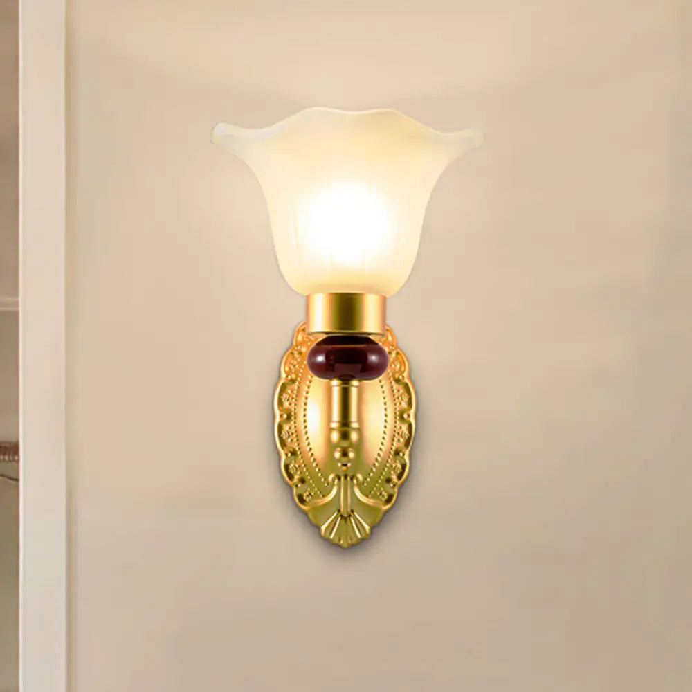 Vintage Style Gold Wall Sconce With Opal Glass Petal Shade - 1/2-Head Bedroom Fixture 1 /