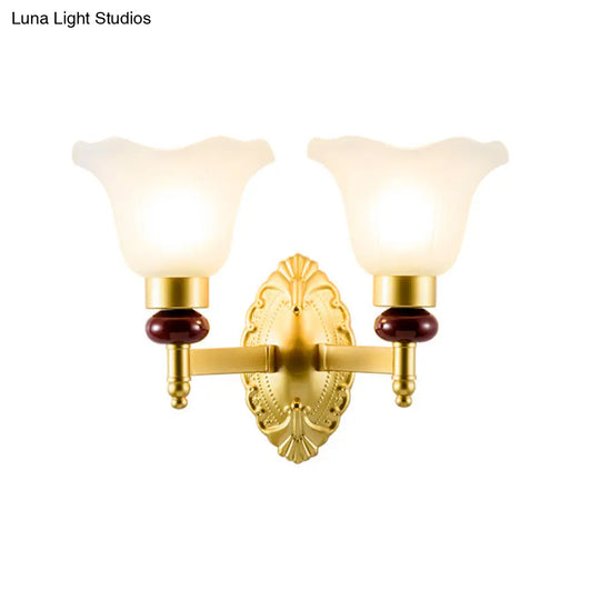 Vintage Style Gold Wall Sconce With Opal Glass Petal Shade - 1/2-Head Bedroom Fixture