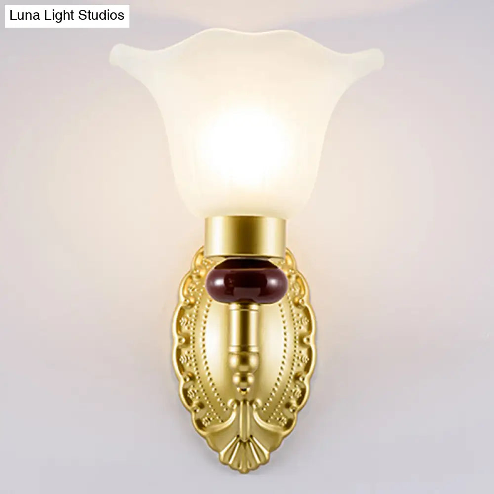 Vintage Style Gold Wall Sconce With Opal Glass Petal Shade - 1/2-Head Bedroom Fixture