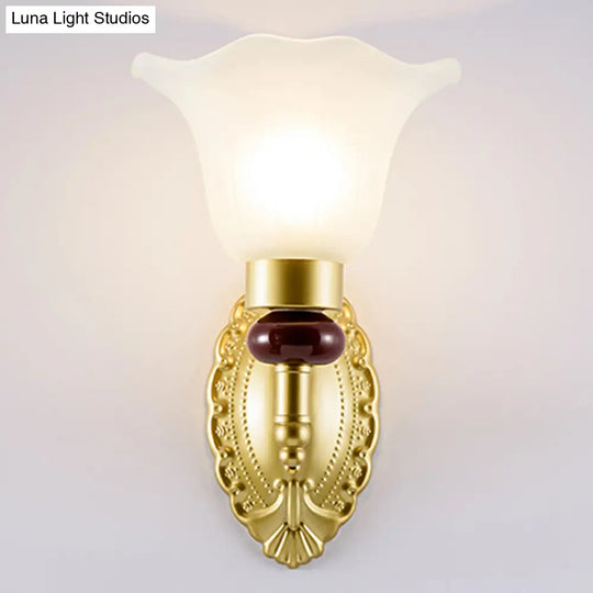 Vintage Style Gold Wall Sconce With Opal Glass Petal Shade - 1/2-Head Bedroom Fixture