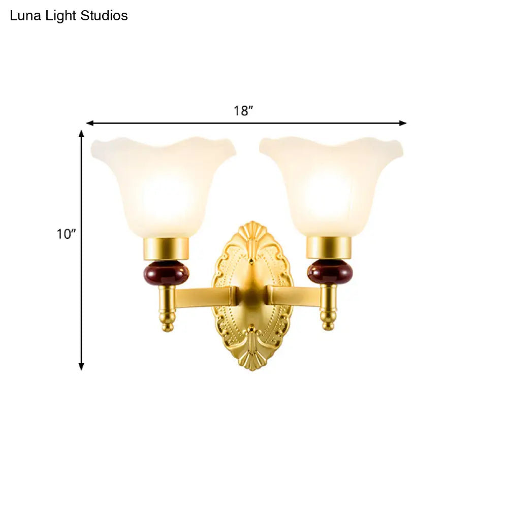 Vintage Style Gold Wall Sconce With Opal Glass Petal Shade - 1/2-Head Bedroom Fixture