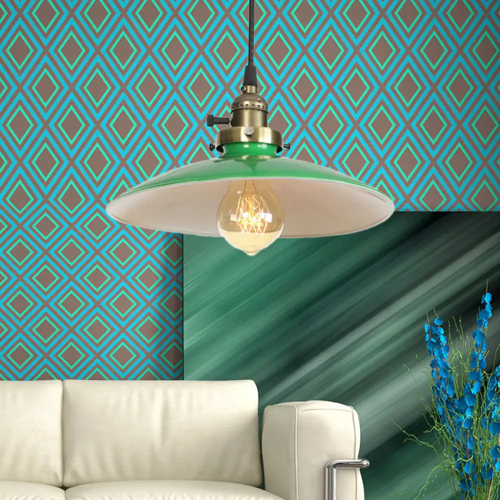 Vintage Style Green Metallic Saucer: 1 Bulb Hanging Lamp