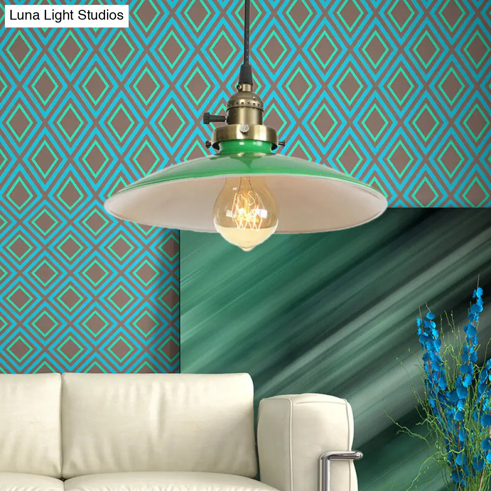 Vintage Style Green Metal Saucer Pendant Light With 1 Hanging Bulb - Dining Table Lamp