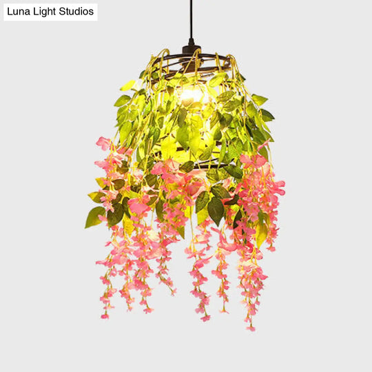Rustic Cylinder Hanging Lamp With Faux Plants - Vintage Style Pendant Light In Green/Orange Pink /