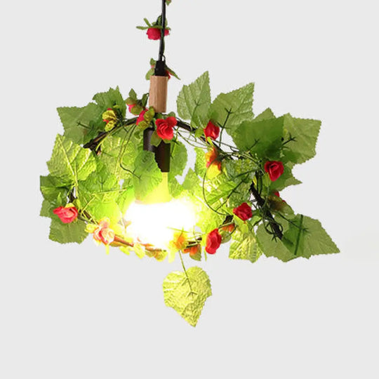 Vintage Style Hanging Lamp With Artificial Plant Accents - Metallic Pendant Lighting In