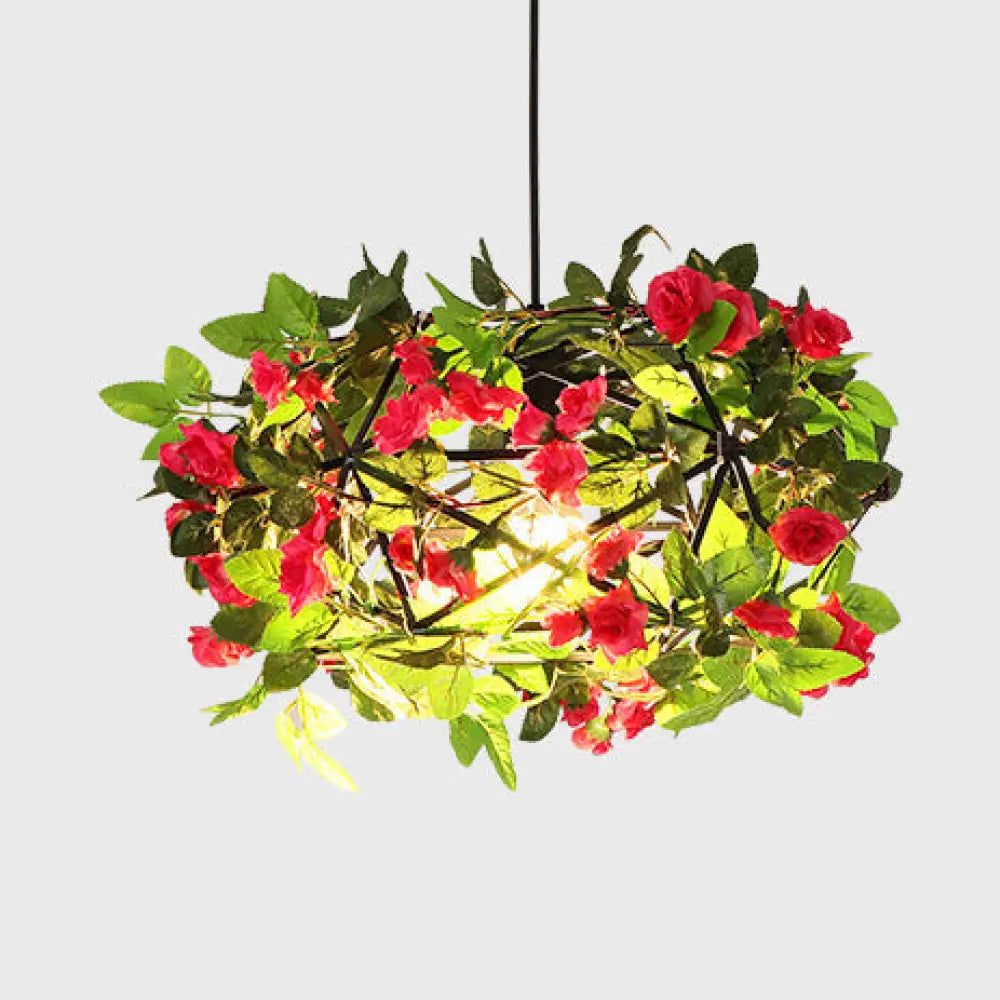 Vintage Style Hanging Lamp With Artificial Plant Accents - Metallic Pendant Lighting In
