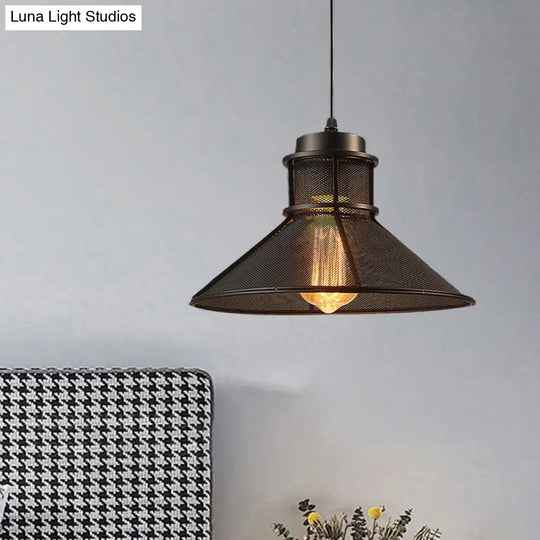 Vintage Style Hanging Light With Mesh Conic Shade - Metallic Pendant Ceiling