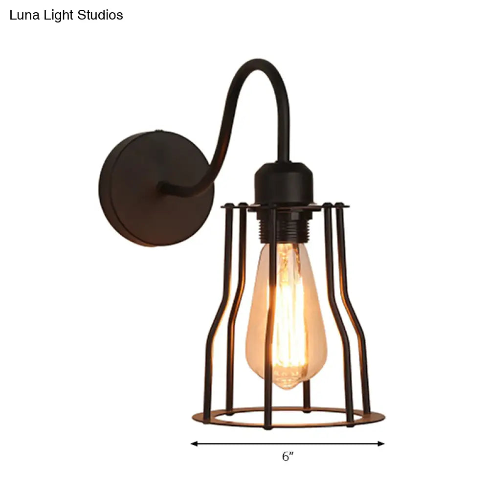 Vintage-Style Iron Caged Farmhouse Wall Sconce With Gooseneck Arm - 1 Light Black Mount