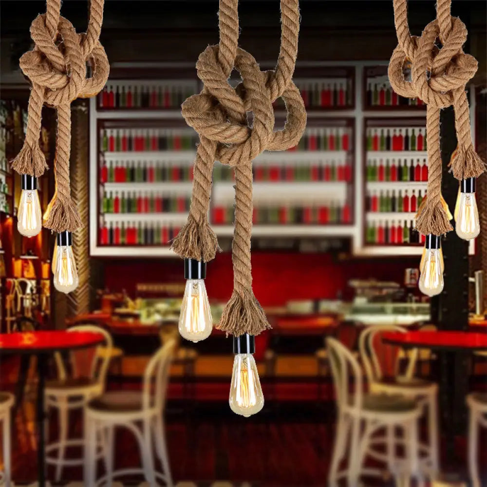 Vintage Style Light Brown Rope Pendant With Open Bulb - 2 Heads Ceiling Hanging Lighting For Bar