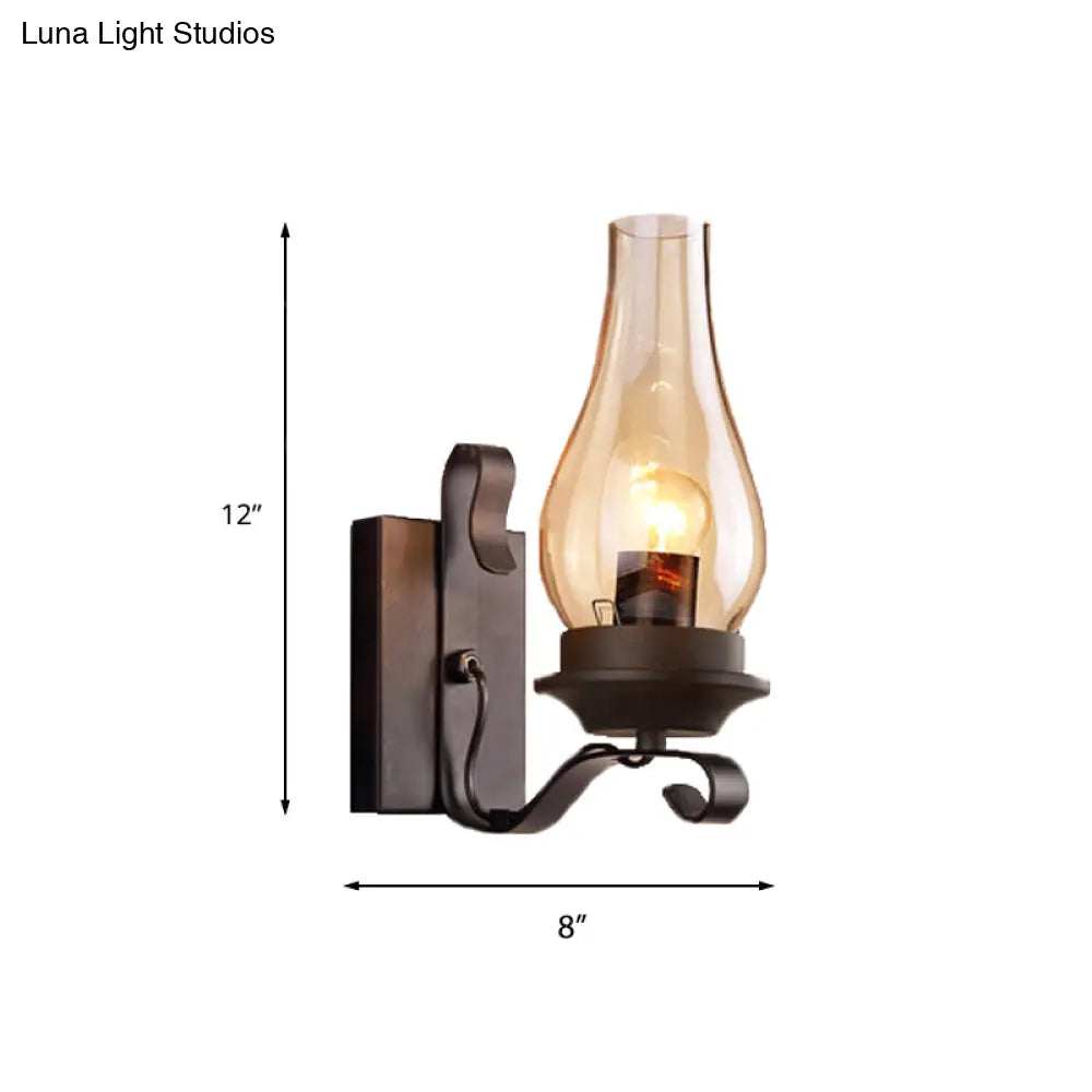 Vintage Style Matte Black Amber Glass Wall Sconce - Single Light Kerosene Living Room Lamp With