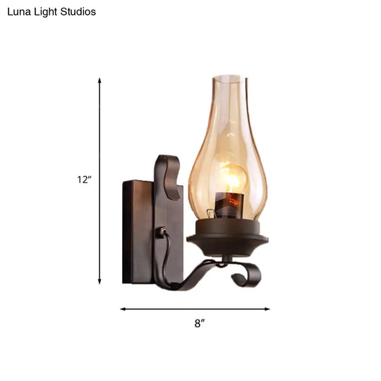 Vintage Style Matte Black Amber Glass Wall Sconce - Single Light Kerosene Living Room Lamp With