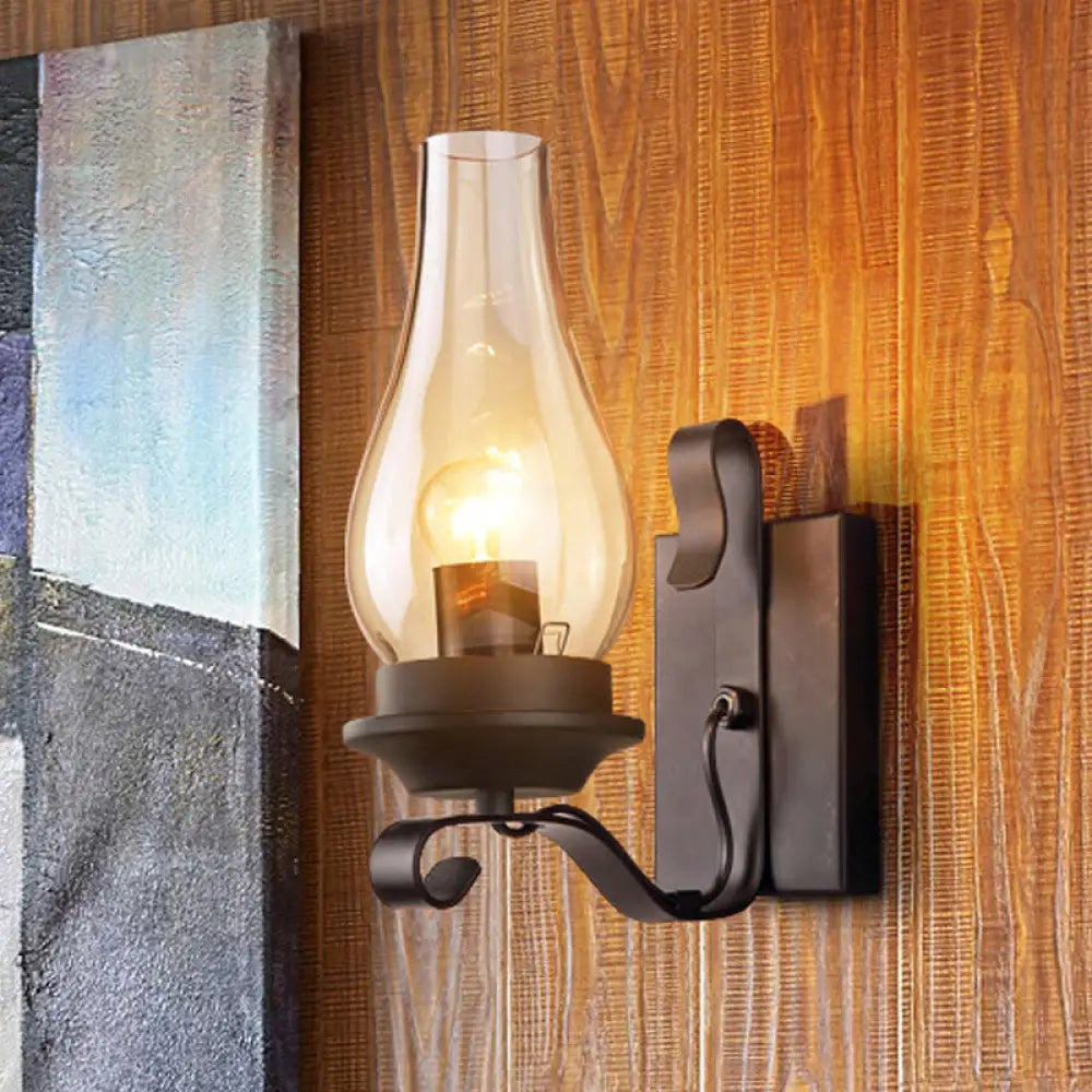 Vintage Style Matte Black Amber Glass Wall Sconce - Single Light Kerosene Living Room Lamp With