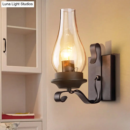 Vintage Style Matte Black Amber Glass Wall Sconce - Single Light Kerosene Living Room Lamp With