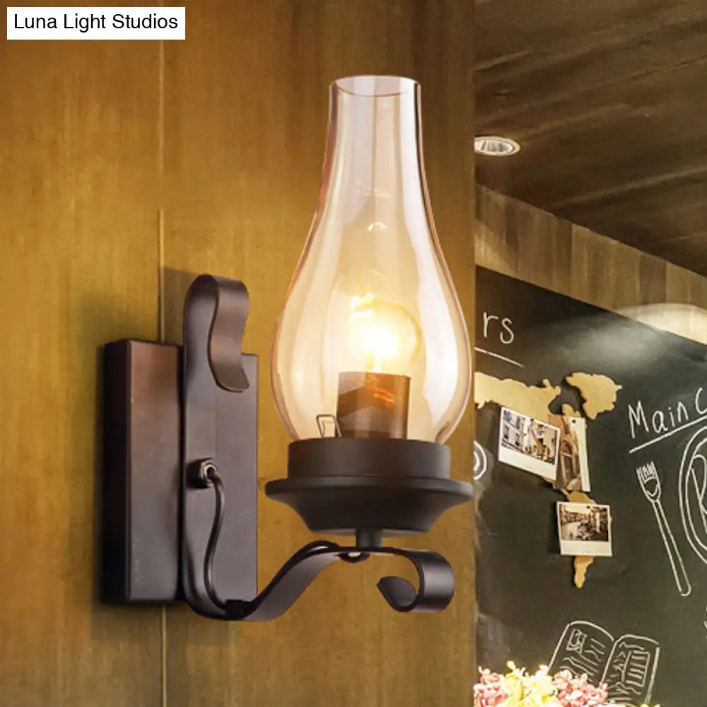 Vintage Style Matte Black Amber Glass Wall Sconce - Single Light Kerosene Living Room Lamp With