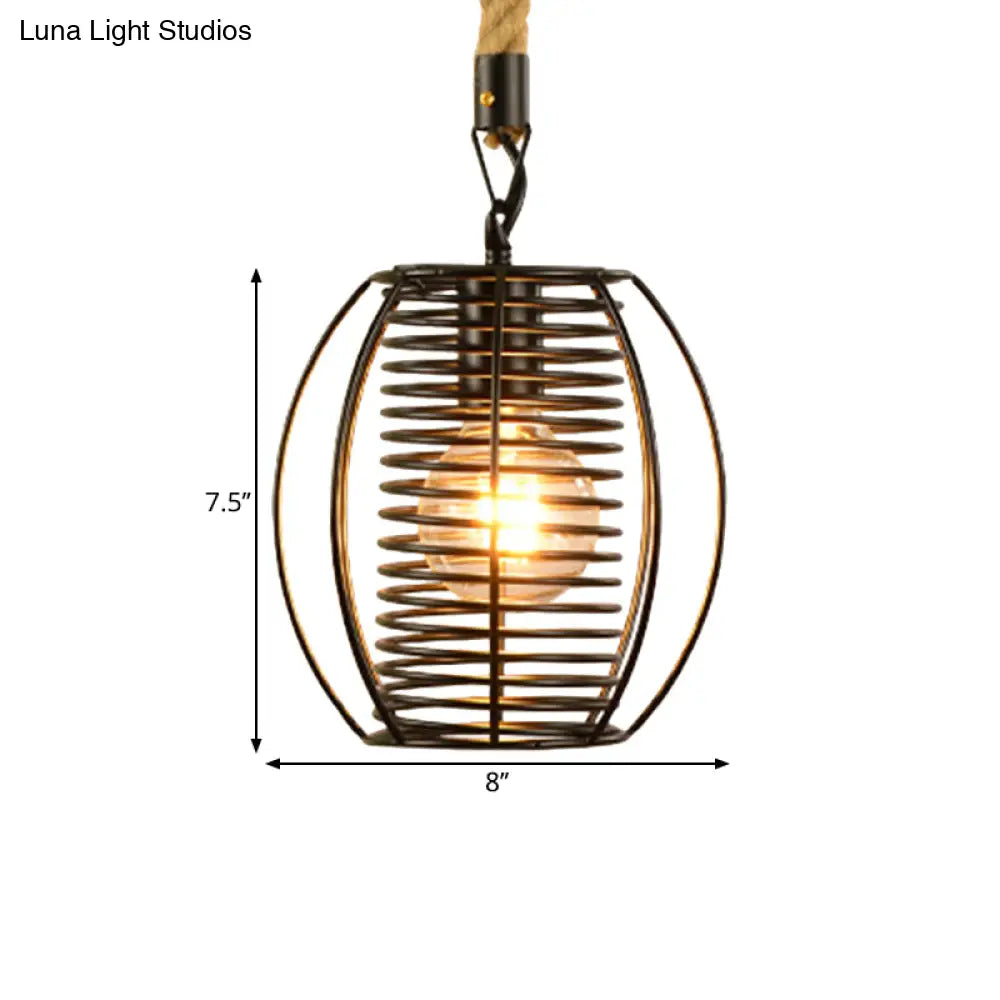 Vintage Style Metal And Rope Pendant Light With Black Wire Cage Cylinder/Square Shade
