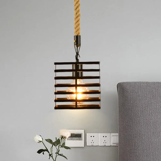 Vintage Style Metal And Rope Pendant Light With Black Wire Cage Cylinder/Square Shade / Cylinder