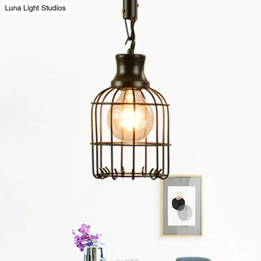 Vintage Style Metal And Rope Pendant Light With Black Wire Cage - 1 Hanging Lamp Cylinder/Square