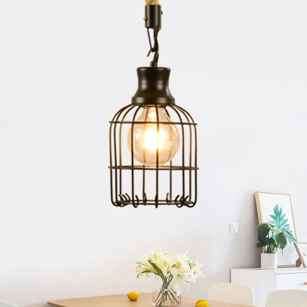 Vintage Style Metal And Rope Pendant Light With Black Wire Cage Cylinder/Square Shade / Square