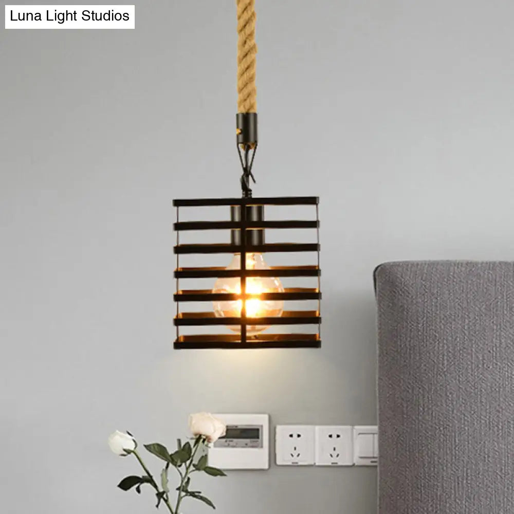 Vintage Style Metal And Rope Pendant Light With Black Wire Cage - 1 Hanging Lamp Cylinder/Square