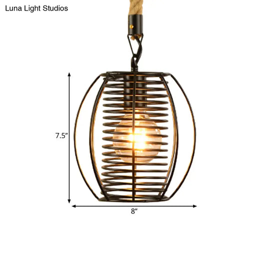 Vintage Style Metal And Rope Pendant Light With Black Wire Cage - 1 Hanging Lamp Cylinder/Square