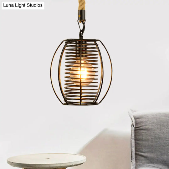 Vintage Style Metal And Rope Pendant Light With Black Wire Cage - 1 Hanging Lamp Cylinder/Square