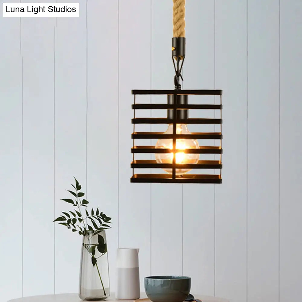 Vintage Style Metal And Rope Pendant Light With Black Wire Cage Cylinder/Square Shade