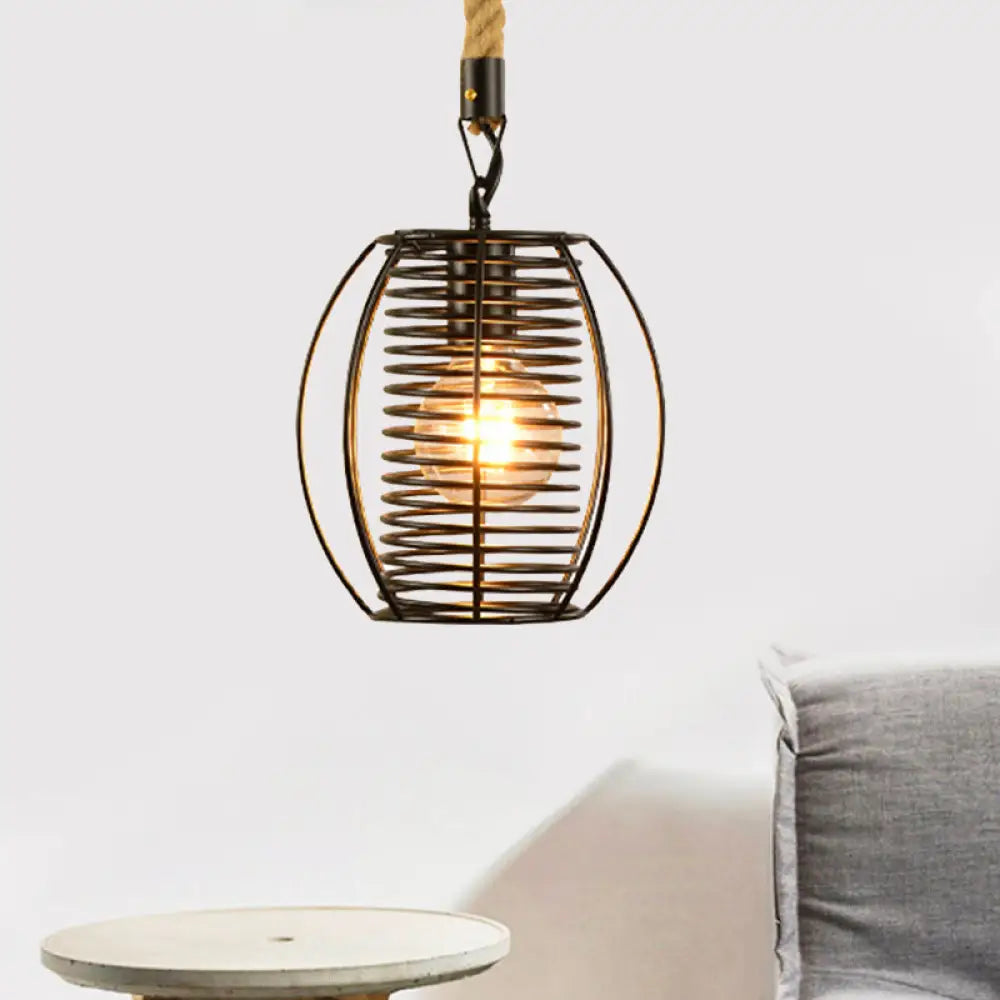 Vintage Style Metal And Rope Pendant Light With Black Wire Cage Cylinder/Square Shade / Barrel