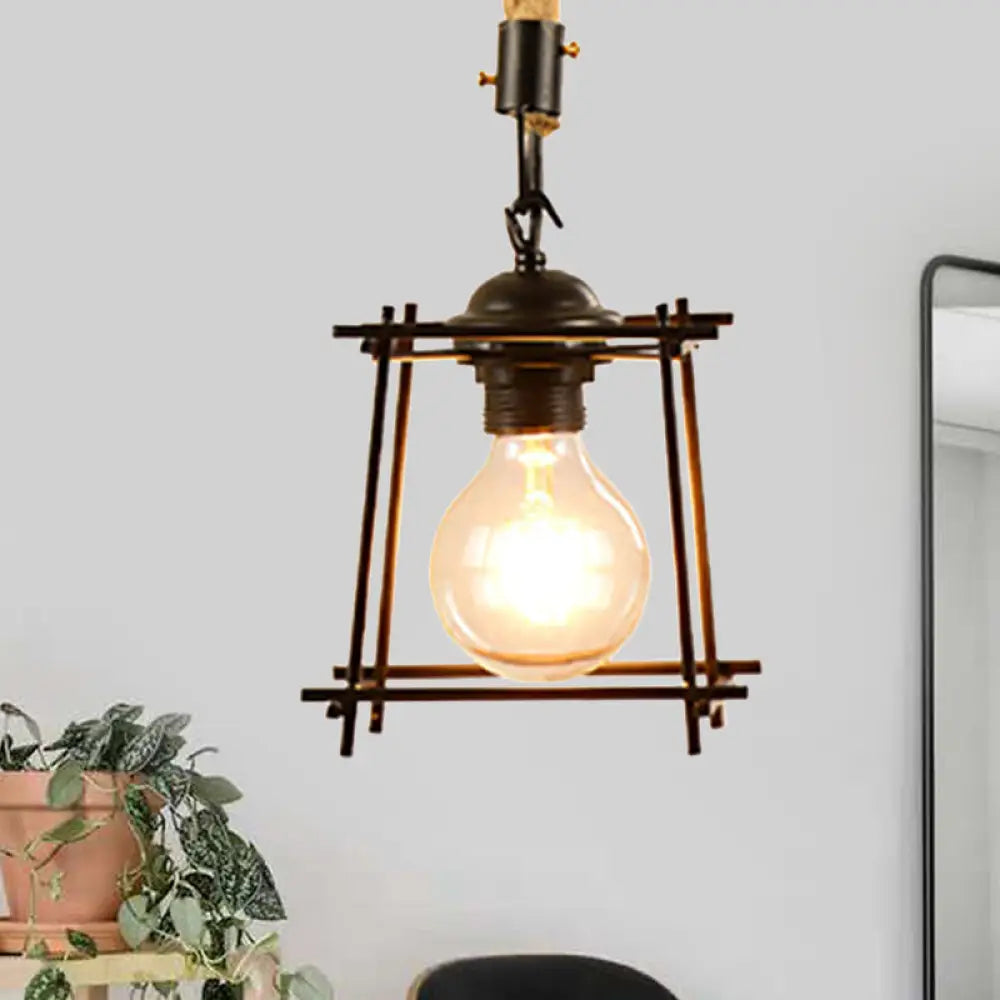 Vintage Style Metal And Rope Pendant Light With Black Wire Cage Cylinder/Square Shade / Trapezoid