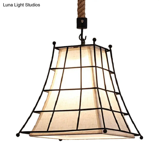 Vintage Style Metal Bell Cage Pendant Lamp With Inner White Fabric Shade - Dining Room Ceiling