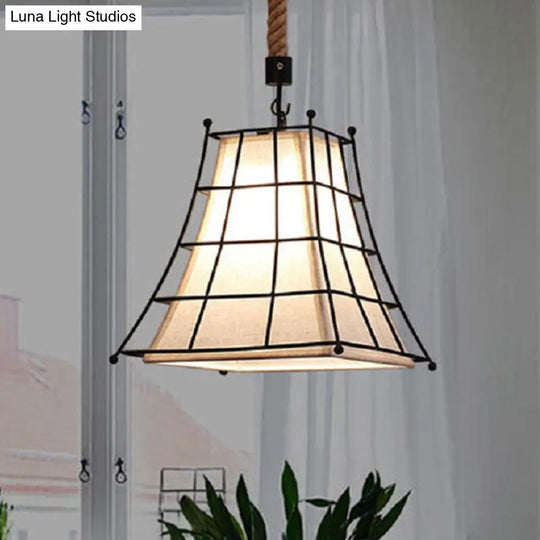 Vintage Metal Pendant Lamp With White Fabric Shade - 1 Light For Dining Room Ceiling