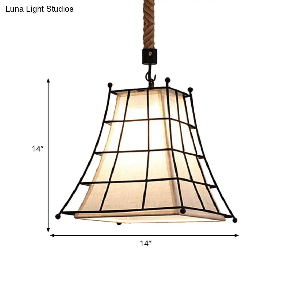 Vintage Style Metal Bell Cage Pendant Lamp With Inner White Fabric Shade - Dining Room Ceiling