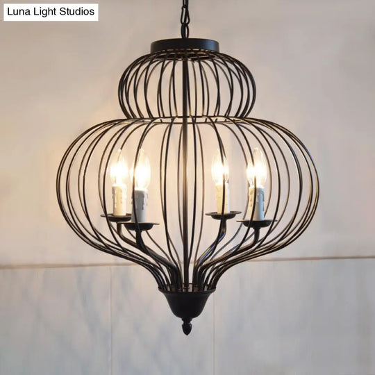 Large Vintage Style Pendant Light With Metal Black Cage Shade And 4 Candle Lights