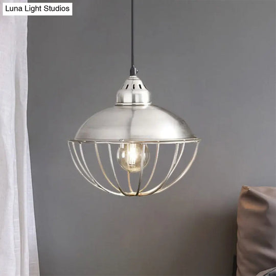 Vintage Style Cage Pendant Light With Silver Metal Bowl For Dining Room Ceiling